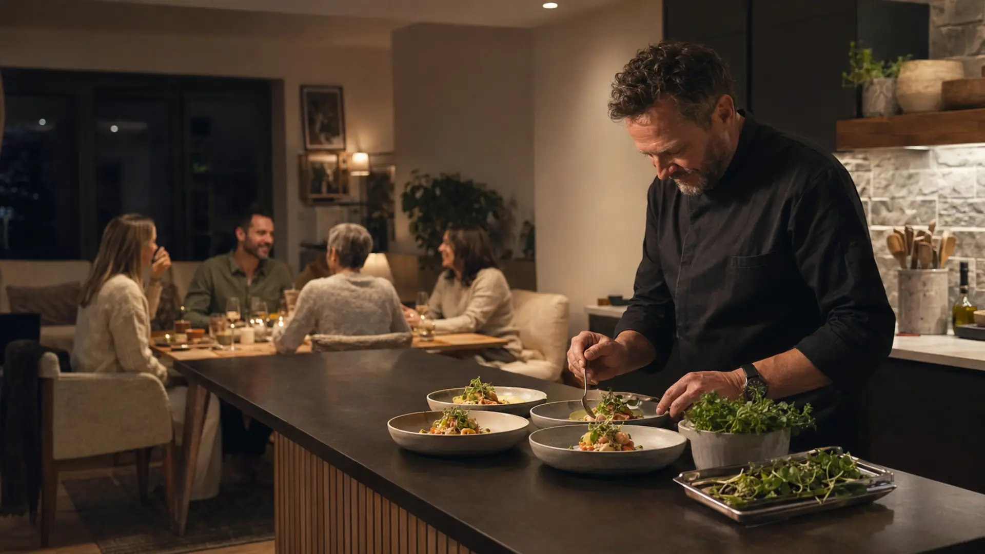 A chef preparing dinner for guests in a private home