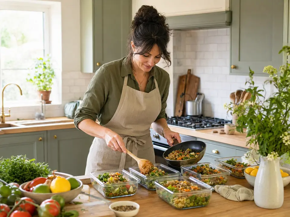 A personal chef preparing weekly meals in a home kitchen